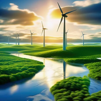 Green technology. Renewable with a wind turbine on the water in nature. AI picture