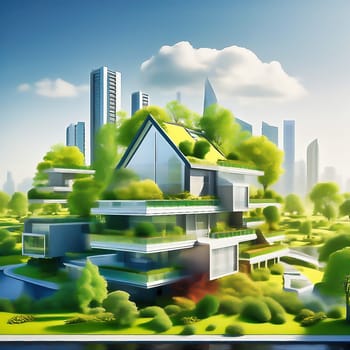 Green technology. Eco house of the future. Renewable energy implemented in architecture. AI generated image