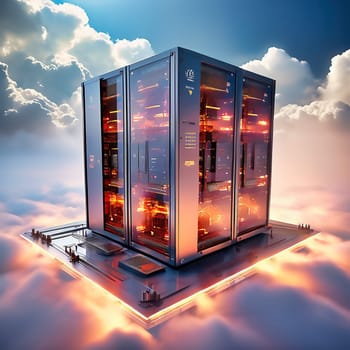 Server room with server cabinets, digitalis for host PC. Management and storage of data. AI generated image.