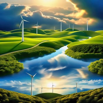Green technology. Renewable with a wind turbine on the water in nature. AI picture