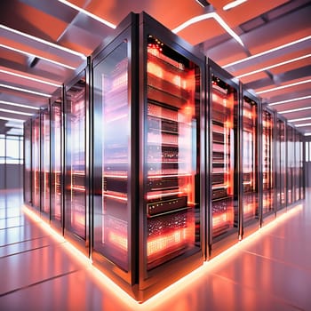 Server room with server cabinets, digitalis for host PC. Management and storage of data. AI generated image.