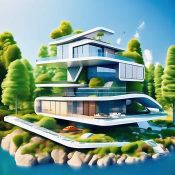 Green technology. Eco house of the future. Renewable energy implemented in architecture. AI generated image