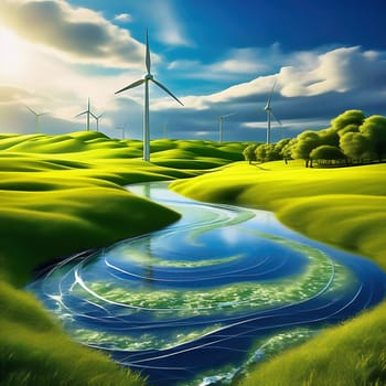 Green technology. Renewable with a wind turbine on the water in nature. AI picture