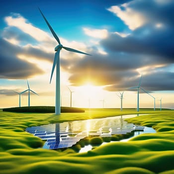 Green technology. Renewable with a wind turbine on the water in nature. AI picture