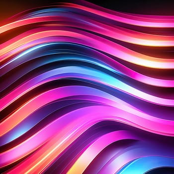 3d render. Abstract panoramic background of twisted dynamic neon lines, in wave form, glows in the dark space. Virtual fluorescent ribbon loop.