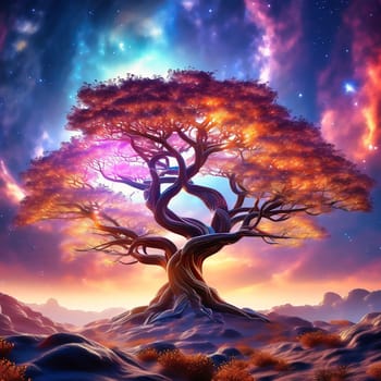 Fantasy tree in front of a starry sky with colorful clouds in the universe. AI generated image. Bright colors with old tree on a hill.