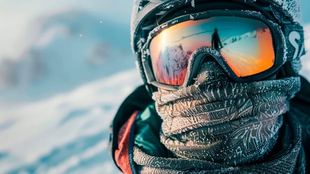 Close up of the ski goggles of a man with the reflection of snowed mountains.  Wearing ski glasses. Winter Sports. AI generated