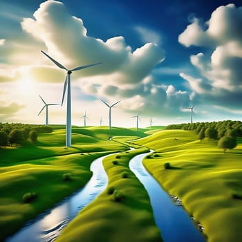 Green technology. Renewable with a wind turbine on the water in nature. AI picture