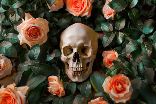 Skull head surrounded by pink rose flowers. AI generated
