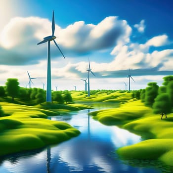 Green technology. Renewable with a wind turbine on the water in nature. AI picture