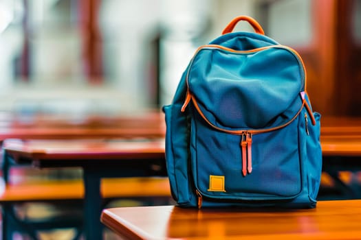 Blue backpack on a desk in the classroom. Back to school concept. AI generated