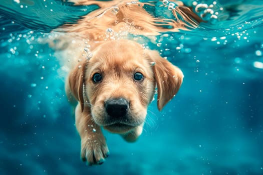 Underwater funny photo of golden labrador retriever puppy in a swimming pool. Activities, training classes with family pets.  AI generated