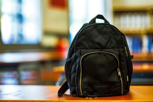 Black canvas backpack on a desk in the classroom. Back to school concept. AI generated