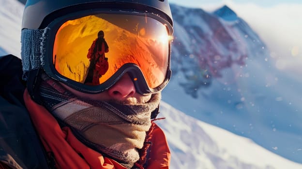 Close up of the ski goggles of a man with the reflection of snowed mountains.  Wearing ski glasses. Winter Sports. AI generated