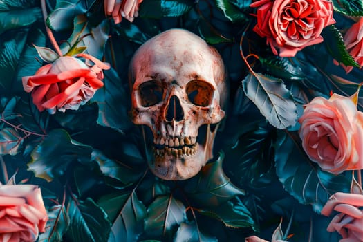 Abstract image of Skull head surrounded by pink rose flowers. AI generated