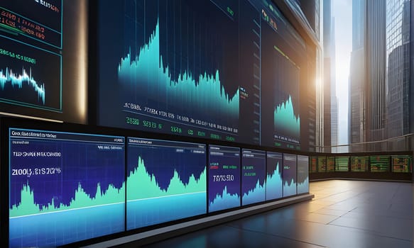 A wall of digital screens displays live stock market data, showcasing fluctuating charts and numbers. The screens are mounted on an exterior wall of a modern building, with tall skyscrapers in the background. The sun is setting, creating a warm glow that casts across the cityscape.