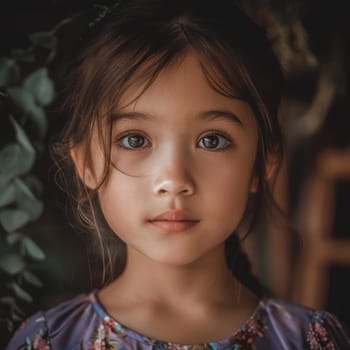 A close-up of a young girl with soulful eyes, her expression embodying the innocent curiosity of childhood