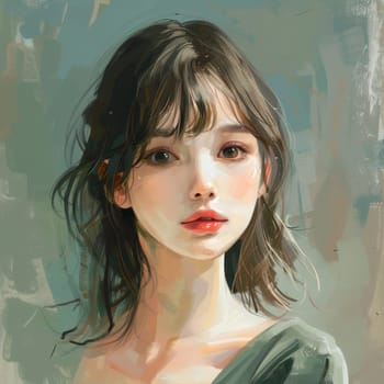 A digital portrait of a young woman that blends modern artistry with a touch of realism. Her contemplative gaze and tousled hair evoke a sense of thoughtful creativity