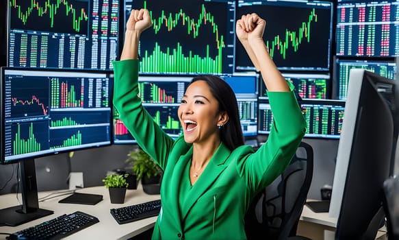 A woman wearing a green blazer sits at a desk in front of multiple computer monitors displaying stock market data. She is smiling and raising her arms in celebration, as if she has just made a successful trade.