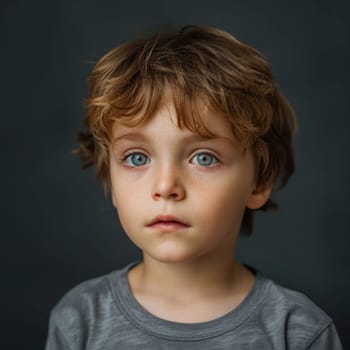 A young boy's portrait captures a moment of youthful wonder, his deep blue eyes reflecting innocence and curiosity