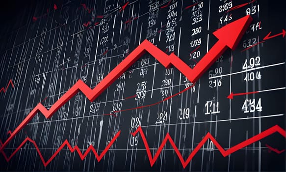 A red arrow points upward on a black stock chart, indicating positive growth and a rising market trend. The arrow is bold and prominent, suggesting a significant upward movement. Numbers and lines on the chart display stock data, showcasing a visual representation of market fluctuations.