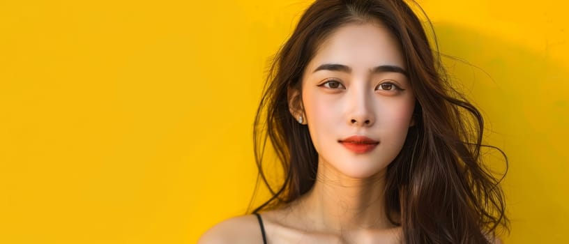 A striking portrait of a woman against a yellow backdrop, her dark hair and subtle makeup enhancing her captivating gaze and delicate features. The color contrast highlights her timeless beauty