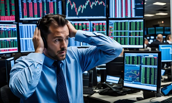 A young male stock trader sits in front of multiple computer screens displaying stock market data. He holds his head in his hands, looking stressed and overwhelmed by the information displayed on the screens.