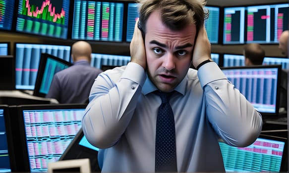 A man in a blue shirt and tie stands in a trading room, surrounded by computer screens displaying stock market data. He covers his ears with his hands, looking distressed and overwhelmed.