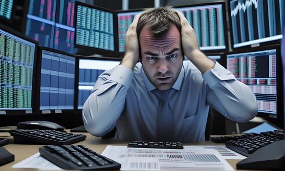 A man in a blue shirt and tie sits at a desk in a dark office, looking stressed and overwhelmed as he is surrounded by multiple computer monitors displaying financial data. He has his hands on his head, appearing exhausted.