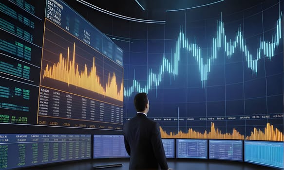 A man stands in front of a wall of computer monitors, intently focused on the financial data displayed on the screens. He is analyzing stock market charts and graphs, likely making trading decisions based on the real-time information presented.