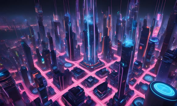 An aerial view of a futuristic city at night, illuminated by bright neon lights. The city is densely populated with towering skyscrapers and a network of glowing roadways, creating a vibrant and dynamic scene.