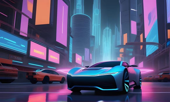 A sleek, futuristic sports car drives through a brightly lit city street at night. Tall buildings with neon signs and glowing lights line the street, creating a vibrant and futuristic atmosphere. The car's headlights cut through the darkness as it navigates the busy urban environment.
