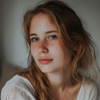 A close-up portrait showcases a young woman's freckled visage, her eyes holding stories untold. The natural light captures the timeless beauty of youth and simplicity