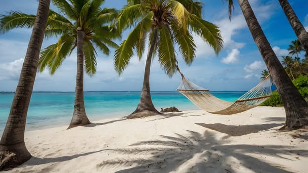 Two palm trees stand tall on a pristine white sand beach, offering shade to a hammock hanging between them. The hammock sways gently in the breeze, offering a perfect spot to relax and enjoy the breathtaking view of the turquoise ocean.