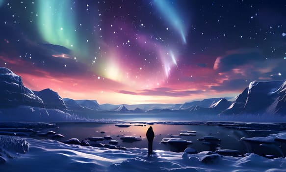 A lone figure stands on the edge of a frozen lake, gazing up at a vibrant display of the Northern Lights illuminating the night sky above snow-covered mountains.