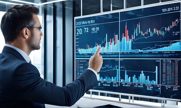 A businessman in a suit stands in front of a large screen displaying stock market data. He points to the screen, analyzing the numbers and charts.