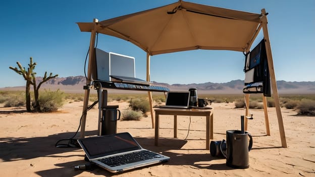 A desert landscape with a pop-up canopy providing shade for a workstation with three laptops, a table with drinks, and various accessories.