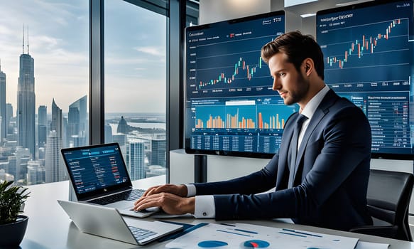A businessman in a suit sits at a desk in a modern office with a city view. He is working on a laptop, analyzing data on a large monitor. He has a serious expression on his face, focused on his work.