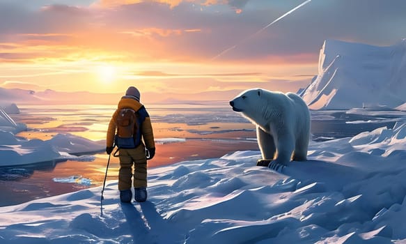 A lone hiker stands in the vast, frozen expanse of the Arctic, gazing towards a dramatic sunset as a polar bear stands on the ice nearby. The scene is bathed in warm, golden light, with icebergs and snowy mountains in the background.