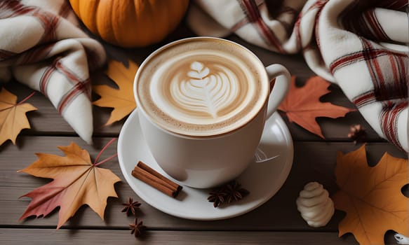 A cup of coffee with latte art sits on a wooden table surrounded by autumn leaves. The coffee cup is on a white saucer with two cinnamon sticks and star anise. A blanket with red and white plaid rests on the table, and a small pumpkin sits next to it.