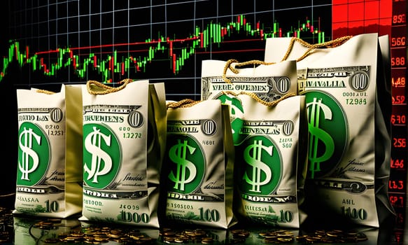 A row of money bags printed with dollar bills, each displaying a large green dollar sign, sits in front of a stock market chart displaying fluctuating values.