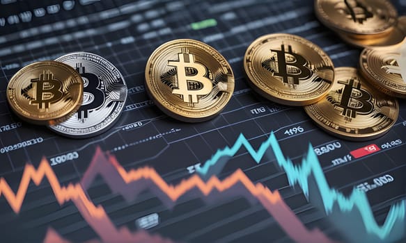 Several Bitcoin coins are resting on a chart that shows fluctuations in cryptocurrency value. The chart has blue and orange lines that represent the rising and falling value of the cryptocurrency.