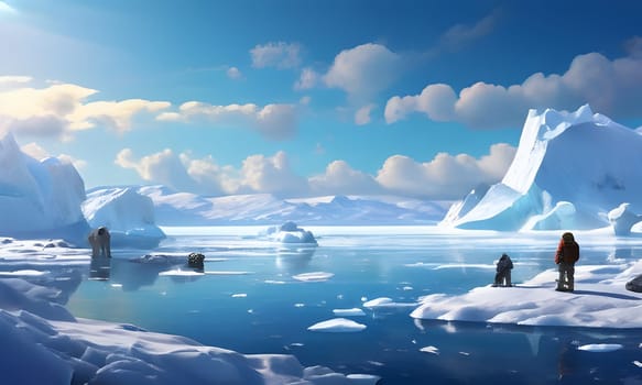 Two people hike on a frozen lake in an arctic landscape, surrounded by towering glaciers and a blue sky dotted with white clouds. The sun shines brightly on the scene, illuminating the snowy peaks and the icy surface of the lake.