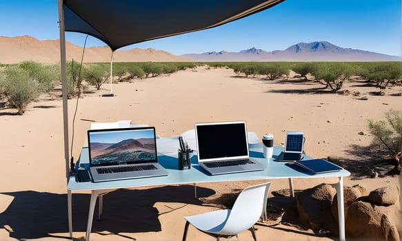 A table with two laptops, a solar panel, and a cup of coffee is set up under an awning in the desert. The awning is supported by a single pole and casts a shadow over the table and the surrounding sand. Small, sparse desert plants are visible in the background.