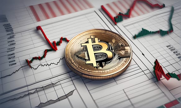 A single Bitcoin coin rests on a white paper with red and green line charts that indicate fluctuations in its value over time. The charts show both upward and downward trends, highlighting the volatility of the cryptocurrency market.