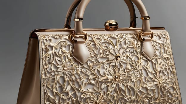 A close-up shot of a leather handbag with intricate floral designs carved into the surface. The handbag features gold-toned accents and a simple, elegant silhouette.