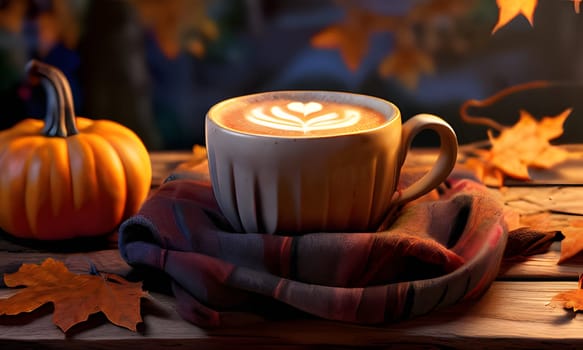 A full cup of coffee with a leaf design in the foam sits on a plaid napkin, with a small pumpkin and autumn leaves scattered around on a wooden table.
