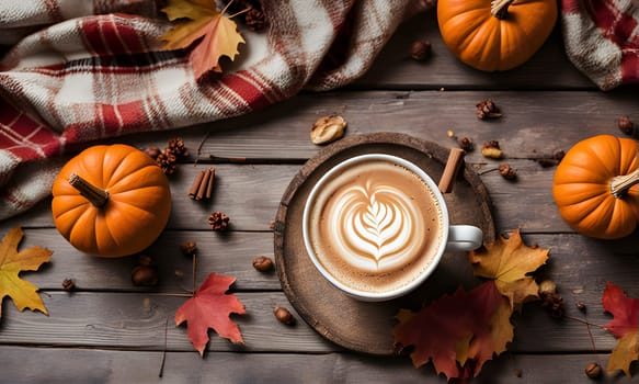 A warm latte with latte art sits on a wooden table surrounded by autumnal decor, including pumpkins, fall leaves, and a plaid blanket.