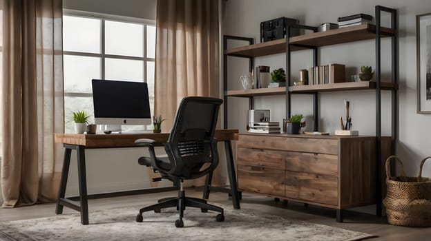 A modern home office features a spacious wooden desk with black metal legs, a black mesh ergonomic chair, and a large window with brown curtains. Natural light streams in through the window, illuminating the desk and chair. A wooden dresser with black metal legs sits to the right of the desk, providing additional storage space. The desk is positioned on a light grey area rug. A bookshelf with open shelves stands against the wall, filled with books, plants, and decorative objects. A wicker basket rests on the floor next to the bookshelf.