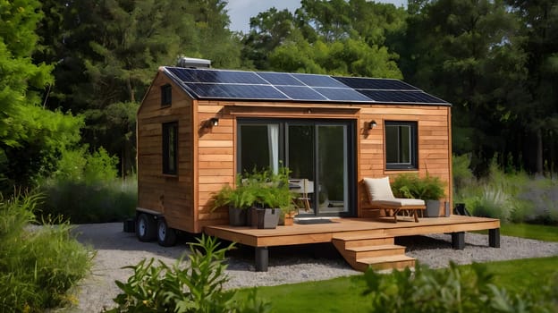 A modern, wood-sided tiny home with solar panels sits on a gravel driveway in a wooded area. The home has a large deck with stairs leading down to the ground. The deck is furnished with a lounge chair and potted plants.